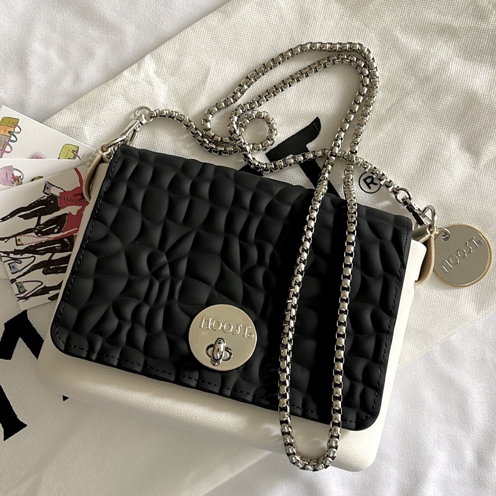 MOOST BAG Limited Edition Black Flap with Winter White Bottom & Chain Strap NWT